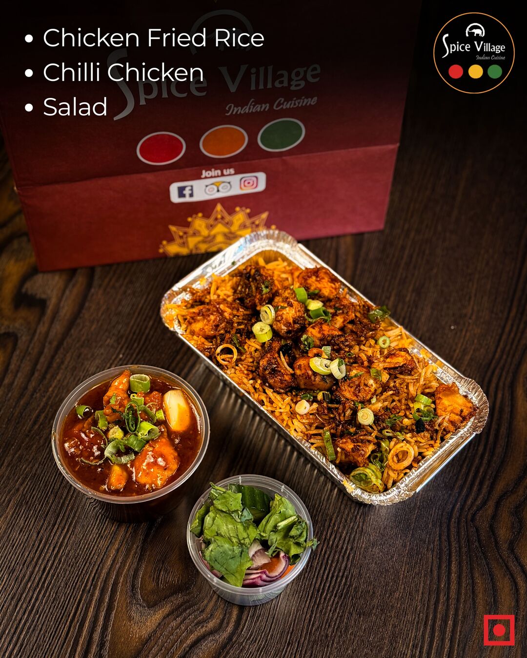 Chicken fried rice, chilli chicken and salad from Spice Village